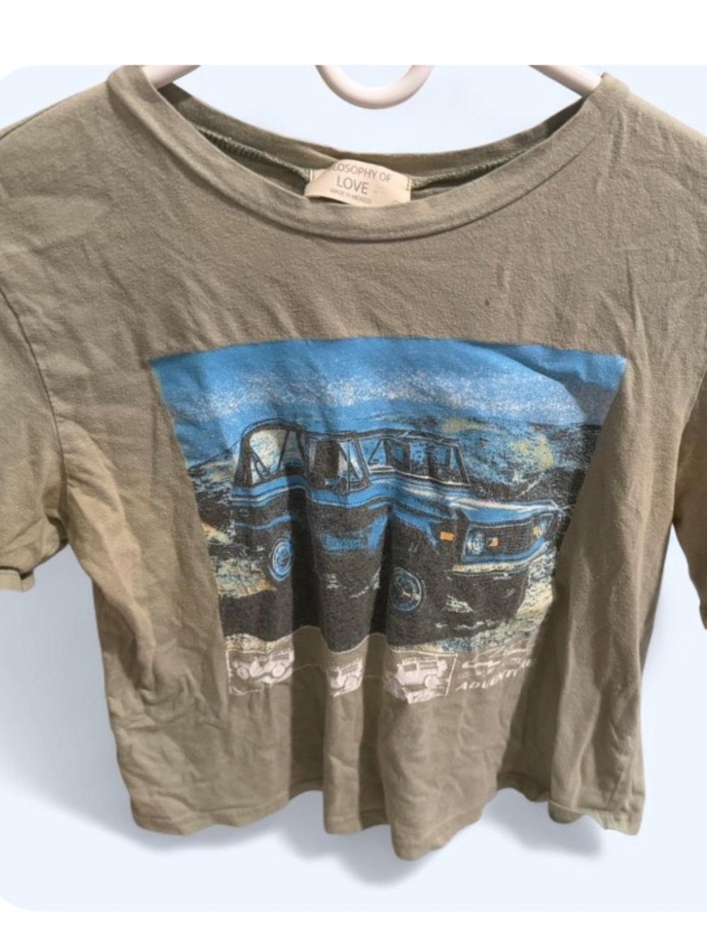 Philosophy Olive Green Kids Tee with Blue Car Graphic